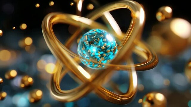 A Stunning Visualization of Atomic Structure Featuring a Vibrant Blue Nucleus Surrounded by Golden Electrons, Capturing the Essence of Matter and Energy in a Beautifully Abstract Representation