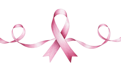 Pink ribbon with flowing tail is centered on a white background representing breast cancer awareness and support