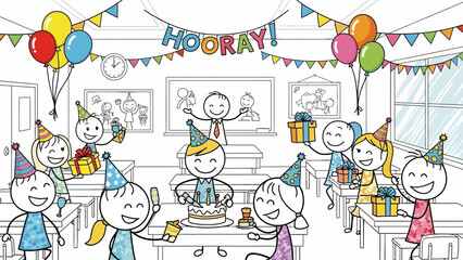 Fototapeta premium Happy Birthday Celebration in Classroom with Stick Figures and Balloons