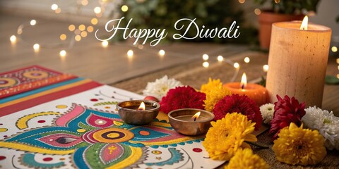 Diwali celebration with burning oil lamps and colorful flowers festive home decor.