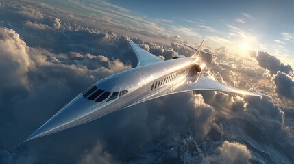 Fototapeta premium Sleek commercial airplane animation shows futuristic jet soaring through clouds during sunset