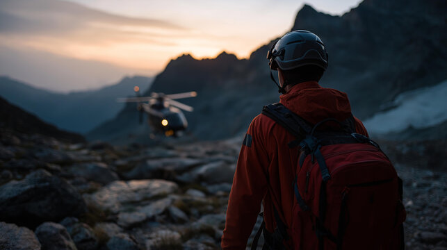 Faceless man in red orange jacket mountain rescue paramedic walking over rocky terrain in evening, helicopter behind, alpine emergency scene, with copy space