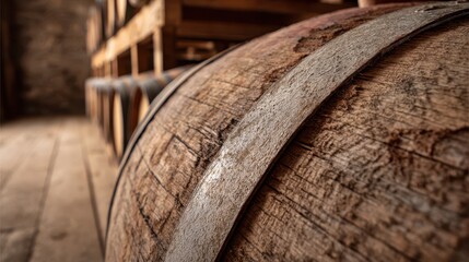 Aged wooden barrel scene with soft lighting and rich textures for lifestyle or product visuals