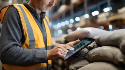 Faceless workers inspecting stacks of eco-friendly packaging materials, quality control with digital tablets displaying environmental impact stats, modern facility, with copy space