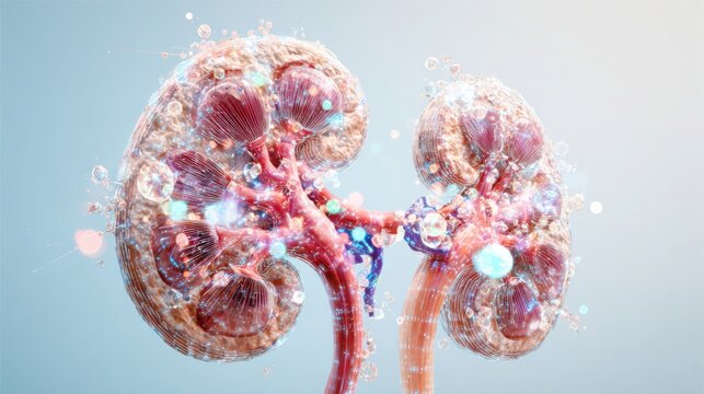 human kidney anatomically accurate, isolated on light white background, macro view of nephron structures with nano scale technology elements, glowing