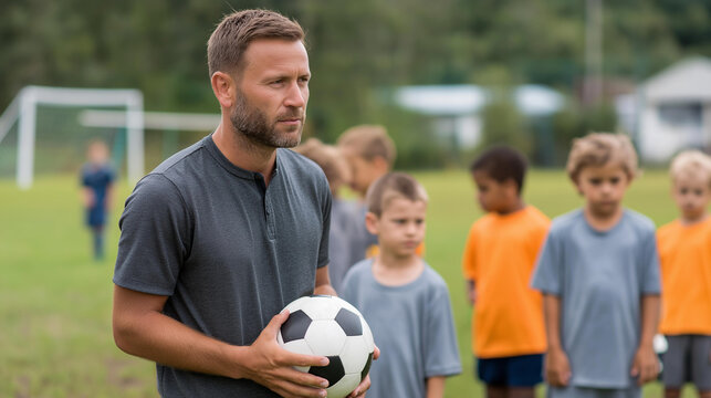 Soccer coach training with youth team outdoors, young instructor on practice field with kids, children at sports training session, physical education class, athletic development