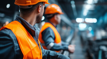 Obraz premium Faceless workers in reflective gear standing along catwalks above machines, overseeing entire mill operation with strong industrial depth and scale, with copy space