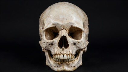 Fototapeta premium Anatomical human skull with full set of teeth against a black background