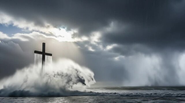 A solitary, iconic cross-like symbol stands against the tumultuous power of crashing ocean waves beneath a dramatically cloudy sky. Rays of divine light pierce through the heavy, dark storm clouds, cr