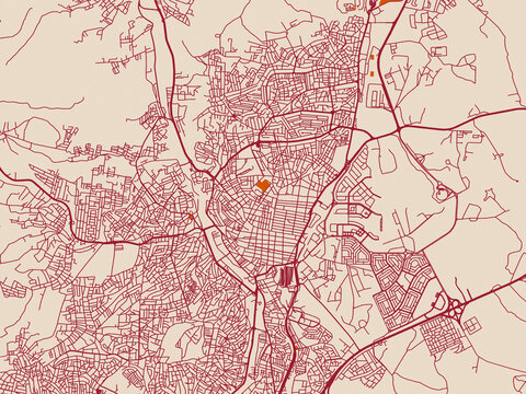 City map of Zarqa, Jordan &mdash; minimal cream city base with wine-red streets, terracotta accents and soft purple water areas