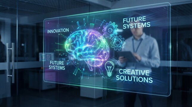 Man interacting with futuristic holographic display showing brain and technology concepts - Powered by Adobe