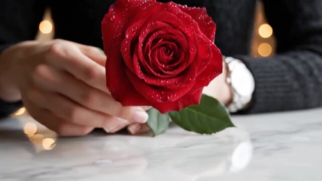 A gentle, close-up shot features a person's hand delicately tending to a fresh, dew-kissed red rose resting on an elegant white marble surface. The vibrant petals are adorned with glistening water dro