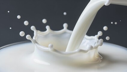 Pouring fresh milk creates a splash with droplets on a dark grey background