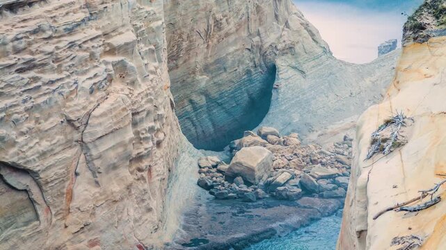 Footage captures the stunning natural beauty of the Pacific Northwest coastline. Waves from the Pacific Ocean crash into a rugged, ancient sandstone cliff, which has been carved by millennia of erosio