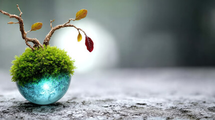 Miniature ecosystem showing a mossy sphere with an illuminated core and a small tree growing, representing life and sustainability