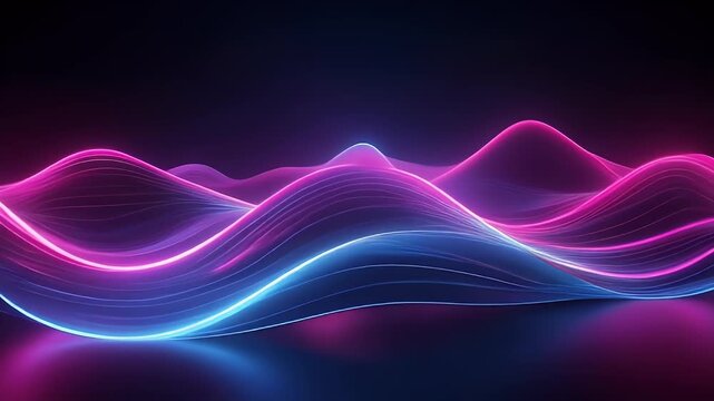 Abstract glowing neon waves in vibrant blue and pink colors on a dark background, representing digital data or sound visualization.