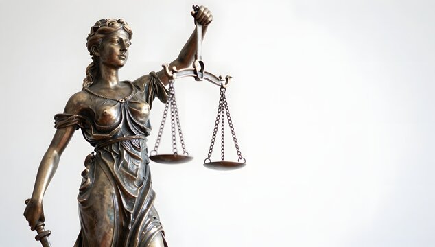 Bronze lady justice statue with scales and sword set against a white background