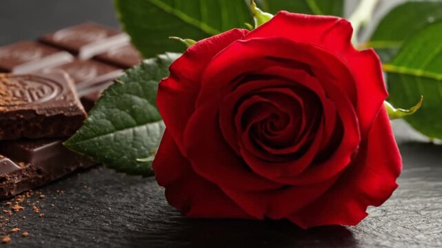A luxurious close-up features a vibrant deep red rose with lush green leaves, gracefully complementing a stack of rich dark chocolate bars. Several chocolate pieces are elegantly dusted with fine coco