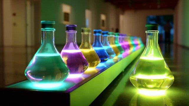 A mesmerizing display of colorful laboratory flasks illuminated with vibrant lights, showcasing a stunning array of glowing liquids in a modern scientific setting, creating an enchanting visual