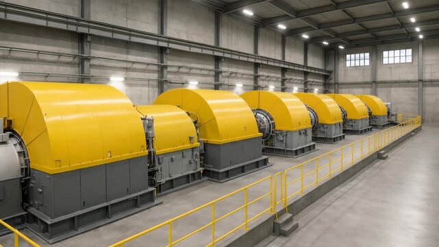 Drone flight insider a massive industrial power generation engines or turbines unit showcasing complex mechanical engineering in a modern factory setting.