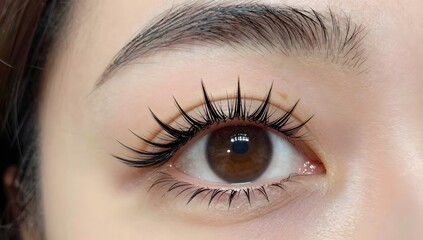 Obraz premium Close up of a brown eye with enhanced lashes and a groomed eyebrow