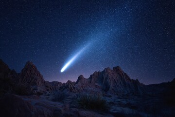 Cinematic Nightscape: Awe-Inspiring Comet and Sparkling Stars Over Remote Terrain