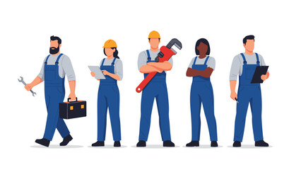 Fototapeta premium A diverse team of five skilled tradespeople, including plumbers and construction workers, equipped with tools and clipboards, ready for various maintenance and repair tasks.