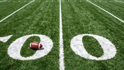 Close up of a football on the football field near the goal line