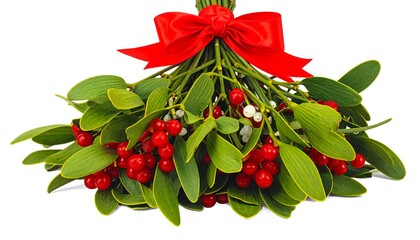 Festive Mistletoe with Red Berries and Bow for Christmas.