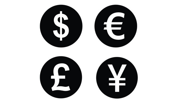 Four circular icons with currency symbols: dollar, euro, pound, and yen, representing global finance, exchange rates, and international trade.