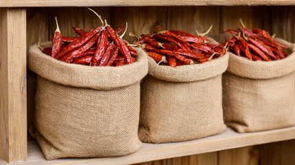 Dried red chili peppers spilling from traditional burlap sacks, presented on a wooden shelf, symbolizing spice, harvest, and traditional storage