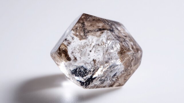 raw diamond crystal isolated on white background, octahedral crystal shape, natural transparency and inclusions, scientifically accurate mineral