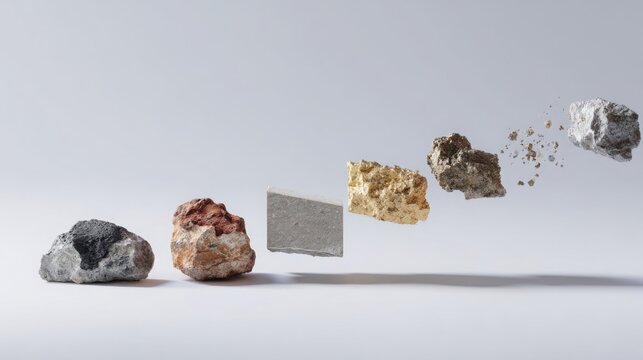 raw mineral to finished material concept, natural rock transitioning into refined industrial material, clear step by step visual flow, scientific