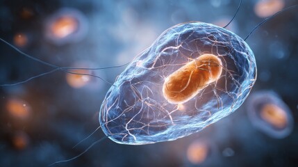 Scientifically accurate human cell visualization, nucleus mitochondria and membranes shown in realistic proportions, soft laboratory lighting