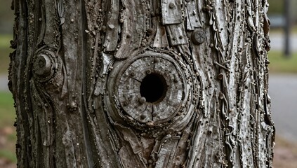 Unique tree trunk bark with hollow knot and textured surface filling most of the shot