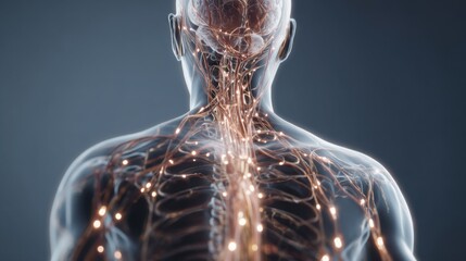 Scientifically accurate visualization of the human nervous system, detailed neural pathways glowing softly inside a semi transparent human