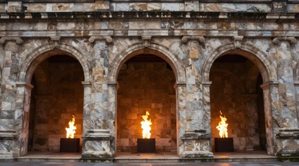 Architectural stone facade with arched openings and modern fire features casting soft light