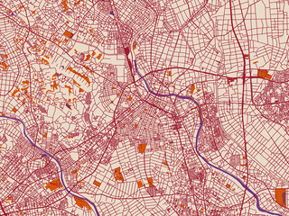 Obraz premium Cartographic city illustration of Kasukabe, Japan — minimal cream city base with wine-red streets, terracotta accents and soft purple water areas