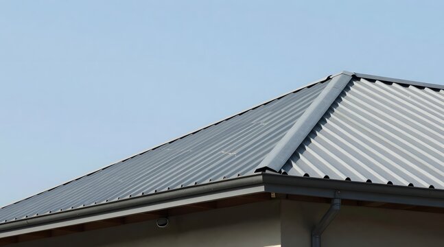 Modern corrugated metal roof gleams in the sunlight against a blue sky