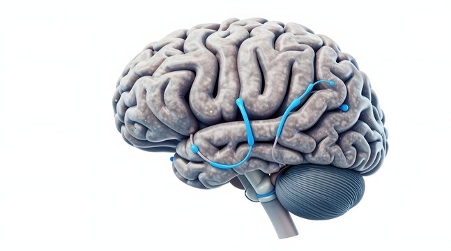 Human brain with blue arteries isolated on a white background