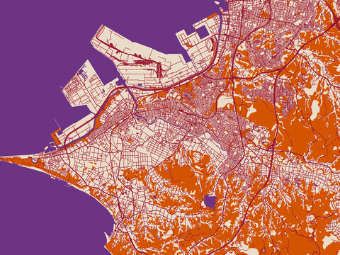 Street network map of Kimitsu, Japan, cream and burgundy map