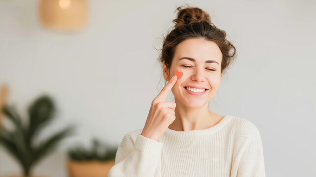 Young woman smiling with closed eyes, feeling happy and comfortable with a heart shaped pimple patch on her cheek