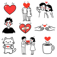 Cute hand drawn Valentine doodle icons set with love couples, hearts and romantic symbols
