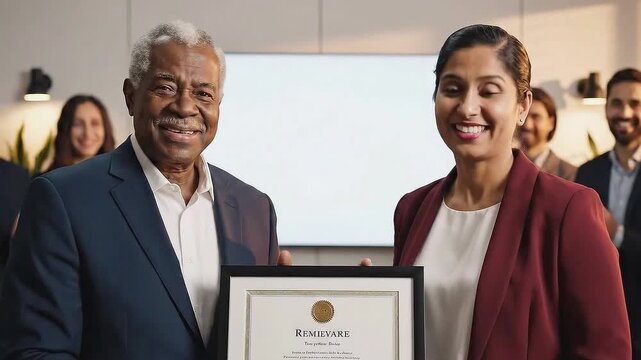 Professional woman receiving award certificate from smiling man in modern office setting with colleagues celebrating in background, showcasing achievement