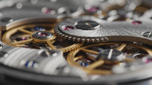 Precision in Time: Intricate clockwork mechanism featuring gears, jewels and the artistry of time. A close-up, macro shot
