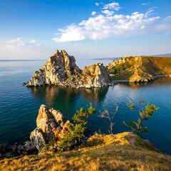 Lake Baikals Rocky Shores - A Serene Landscape in Russia.