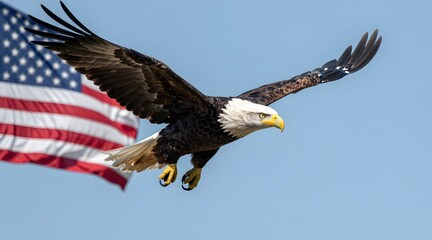 Obraz premium American bald eagle soars gracefully against a backdrop of american flag in clear blue sky