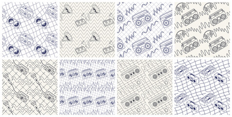 Set of 8 seamless retro audio patterns featuring vintage boomboxes, microphones, cassette tapes, and musical equipment in hand-drawn line art style