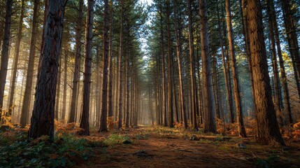 Naklejka premium Evergreen Line of Pines Creating Depth in Serene Woodland Landscape