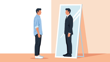 Obraz premium Man in casual attire standing in front of a mirror, seeing his reflection dressed in a formal business suit, symbolizing aspiration, self-improvement, or professional transformation.